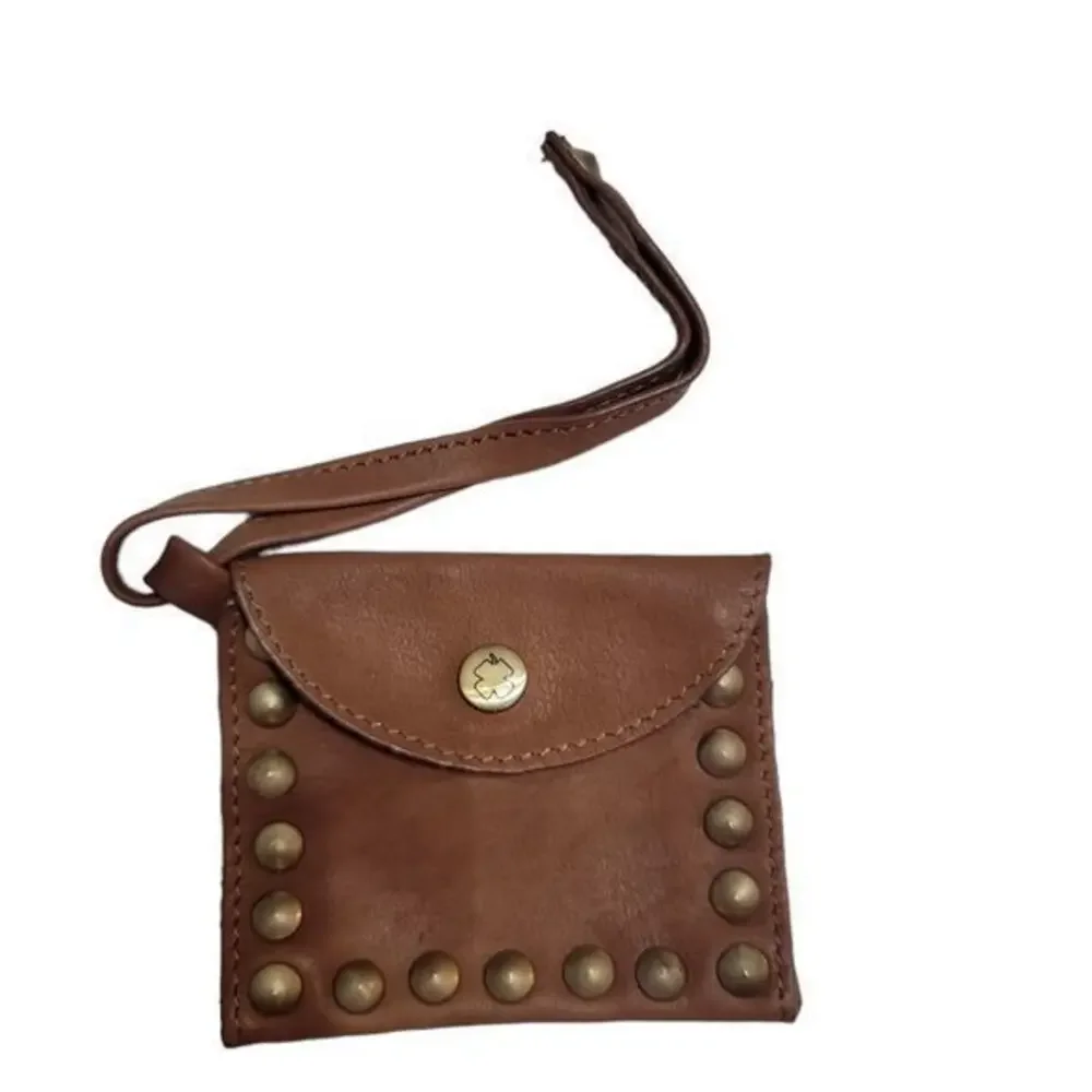 Leather Brown Coin purse Wristlet Four Leaf Clover gold snap gold embellishment